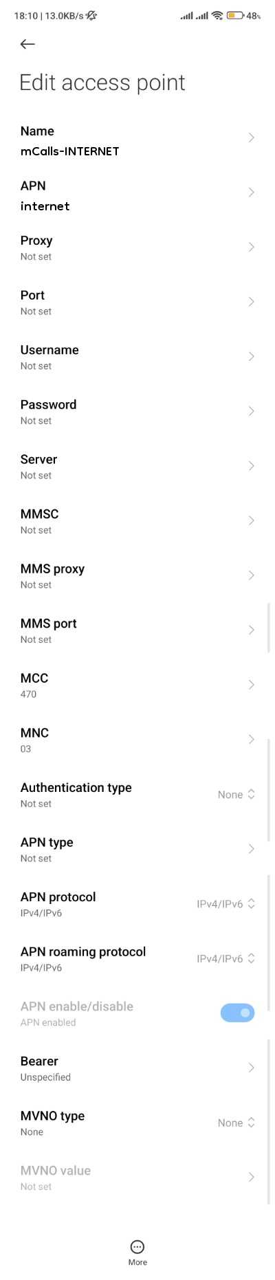 mCalls APN Setiings for Android iPhone 3G 4G Internet