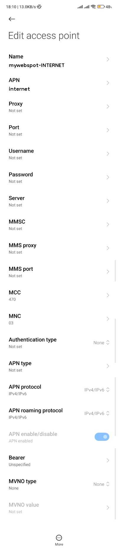mywebspot APN Setiings for Android iPhone 3G 4G Internet
